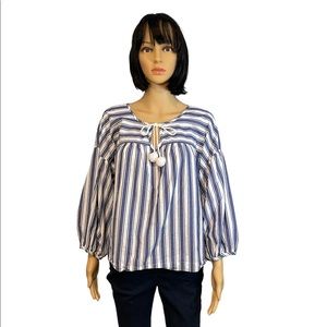 Madewell M Cotton Blue Stripe Bohemian Peasant Blouse Top Dolman 3/4 Sleeve